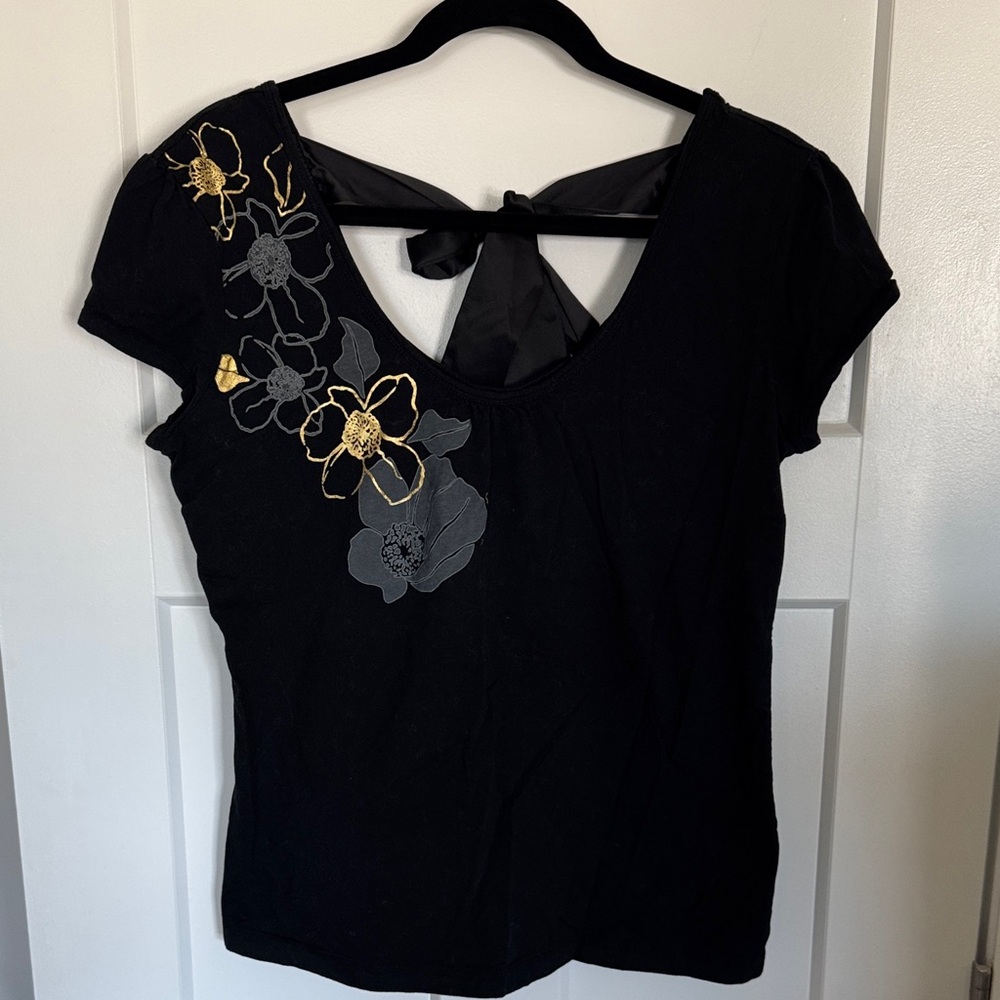 New York & Company Black Top with Gold and Gray Floral Detail